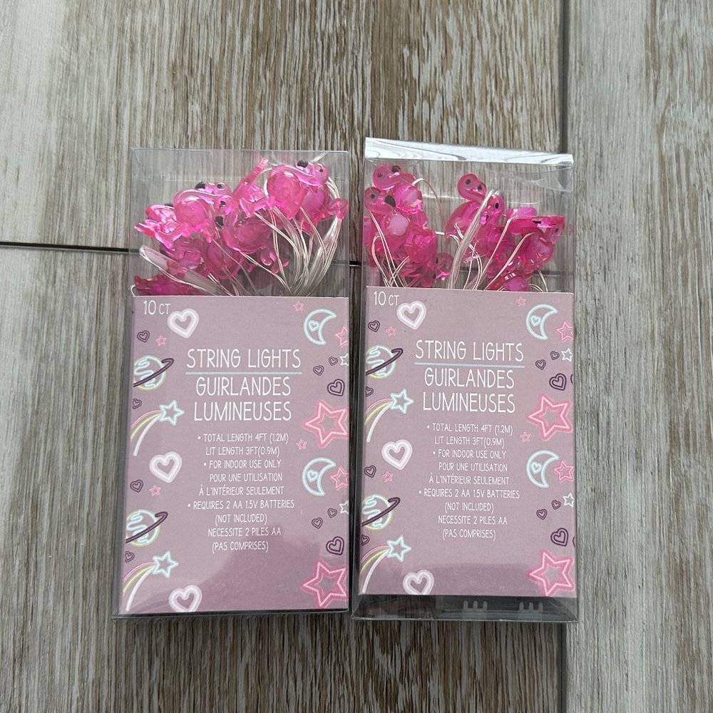 NIP 2 Sets 10 ct ea Pink Flamingo Indoor String Lights 4 ft ea Battery Operated